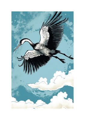 Crane Against Calm Blue Sky in Black Ink