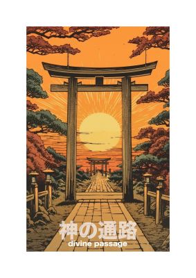 Scenic Path Woodblock Print with Torii Gates