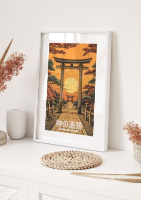 Scenic Path Woodblock Print with Torii Gates