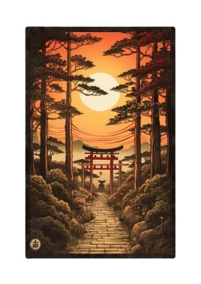 Breathtaking Path Woodblock with Torii Gates