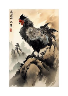 Sumi-e Painting Enchanting Tengu Atop Peak