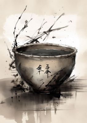 Sumi-e Painting Cracked Teacup Wabi-Sabi