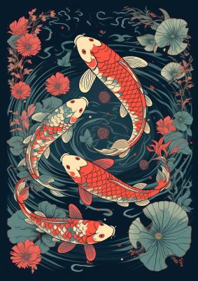 Vibrant Koi Fish Amidst Lotus Flowers