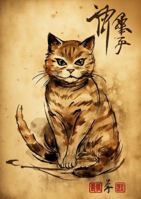 Gorgeous Maneki-Neko Sumi-e Art