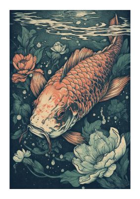 Elegant Floating Koi Fish Risograph