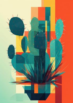 Cactus in Mondrian-Style Risograph