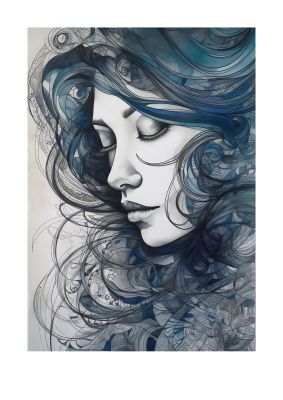 Serene Female Face in Indigo Swirl