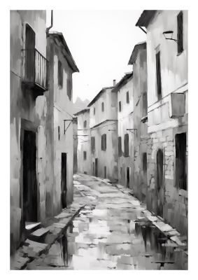 Serene Village Street in Monochrome