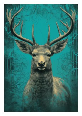 Vigilant Deer Ink Drawing on Teal