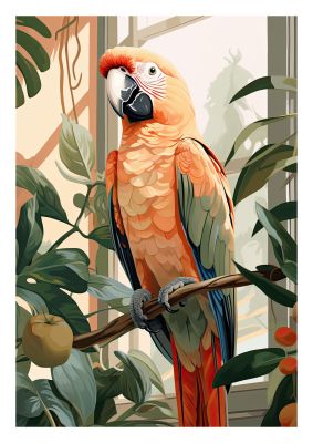 Elegant Parrot Illustration with Botanical Elements - Modern Art