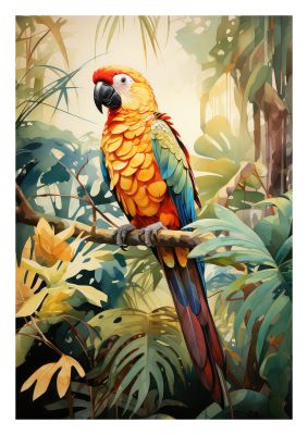 Colourful macaw parrot perched on a branch in tropical rainforest art