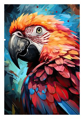 Close-up of vibrant macaw parrot with geometric background