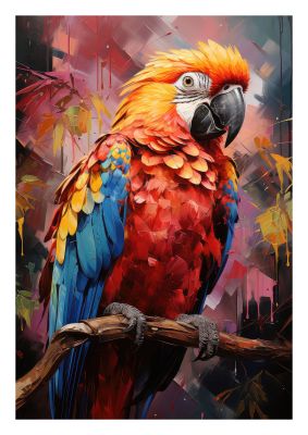 Vibrant macaw parrot perched on a branch with colourful background