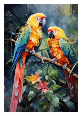 Pair of colourful macaw parrots in tropical rainforest art