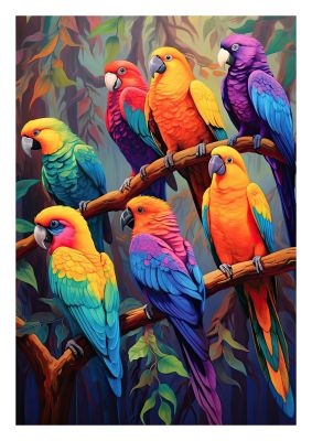 Colourful parrots sitting on branches in a vibrant jungle environment