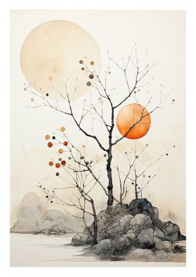 Abstract nature art with bare trees and celestial bodies