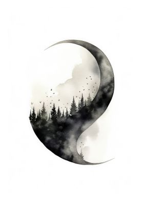 Forest within Crescent Moon Art Print in Monochrome