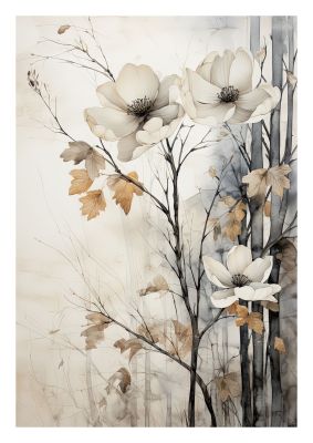 Soft floral illustration with white flowers and golden leaves