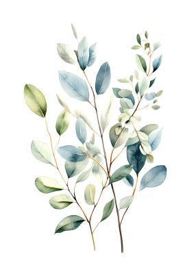 Simple botanical illustration with green and blue leaves on white background